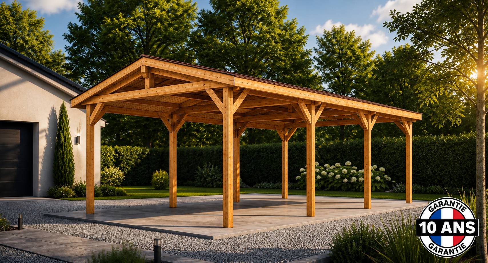 Cpbf Charpentes - Carport bois 2 pentes en bois douglas 33 m², 6 poteaux. Abri voiture extérieur. Garantie 10 ans. - Image 4