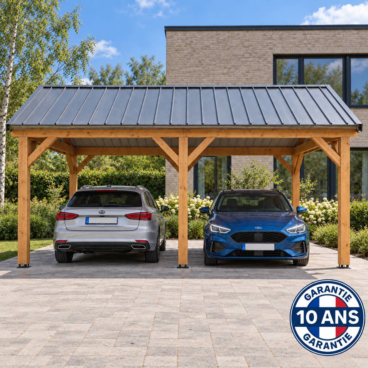 Cpbf Charpentes - Carport bois 2 pentes en bois douglas 33 m², 6 poteaux. Abri voiture extérieur. Garantie 10 ans. - Image 7