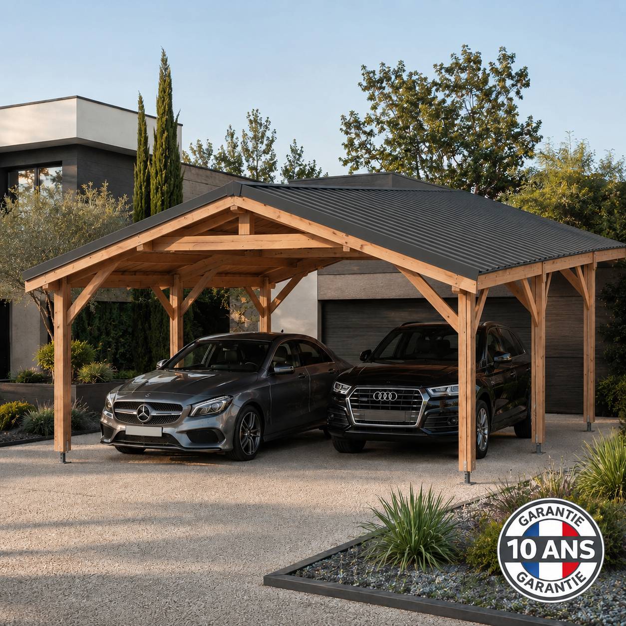 Cpbf Charpentes - Carport bois 2 pentes en bois douglas 33 m², 6 poteaux. Abri voiture extérieur. Garantie 10 ans. - Image 3
