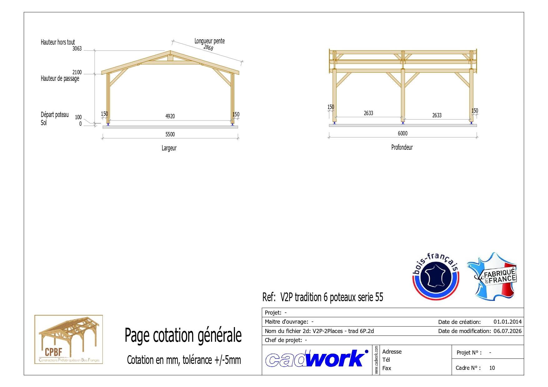 Cpbf Charpentes - Carport bois 2 pentes en bois douglas 33 m², 6 poteaux. Abri voiture extérieur. Garantie 10 ans. - Image 5