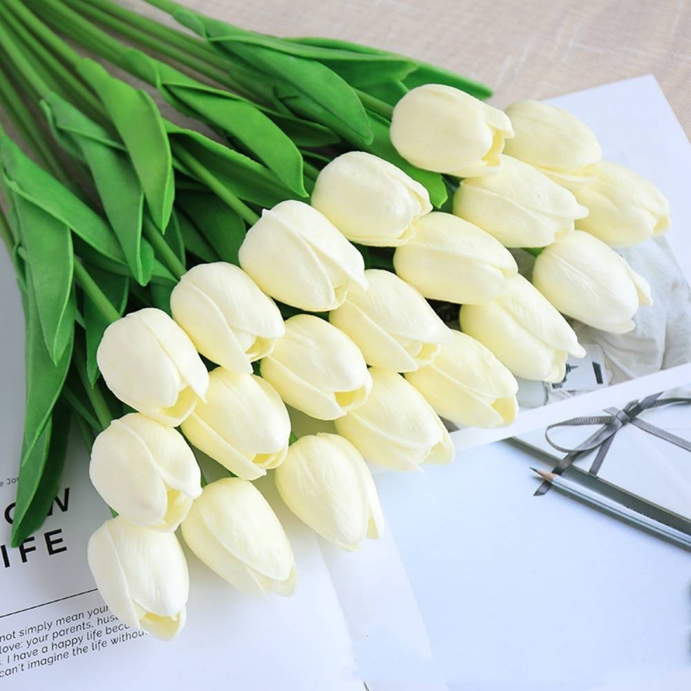 Bouquet de 10 Tulipes Artificielles Blanc - Matière PU Souple et Réaliste - Décoration Élégante - Lytech - Image 1