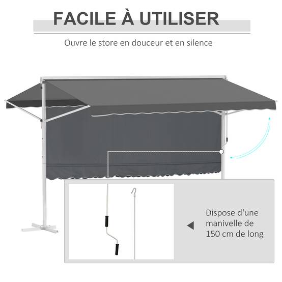 Store Double Pente 4 x 3 m Manuel rétractable Inclinaison réglable métal époxy Blanc Polyester imperméabilisé Anti-UV Gris - Image 7