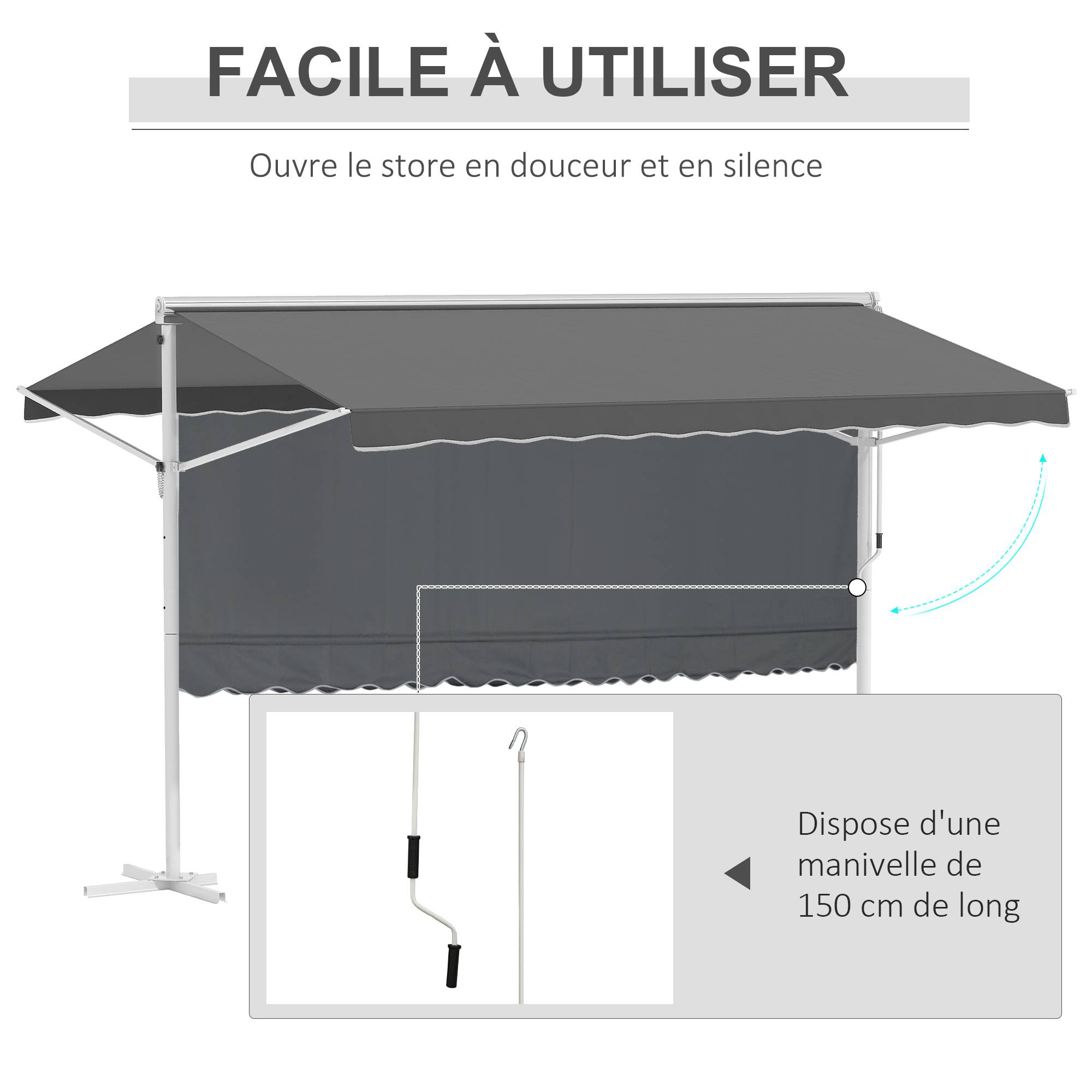 Store Double Pente 4 x 3 m Manuel rétractable Inclinaison réglable métal époxy Blanc Polyester imperméabilisé Anti-UV Gris - Image 7