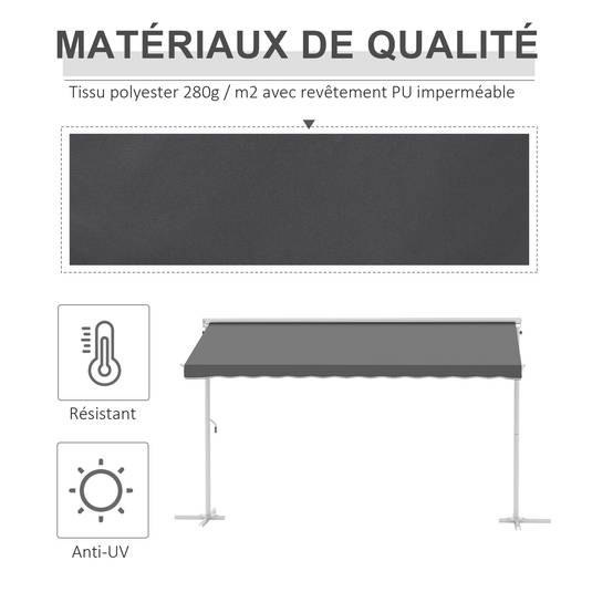 Store Double Pente 4 x 3 m Manuel rétractable Inclinaison réglable métal époxy Blanc Polyester imperméabilisé Anti-UV Gris - Image 6