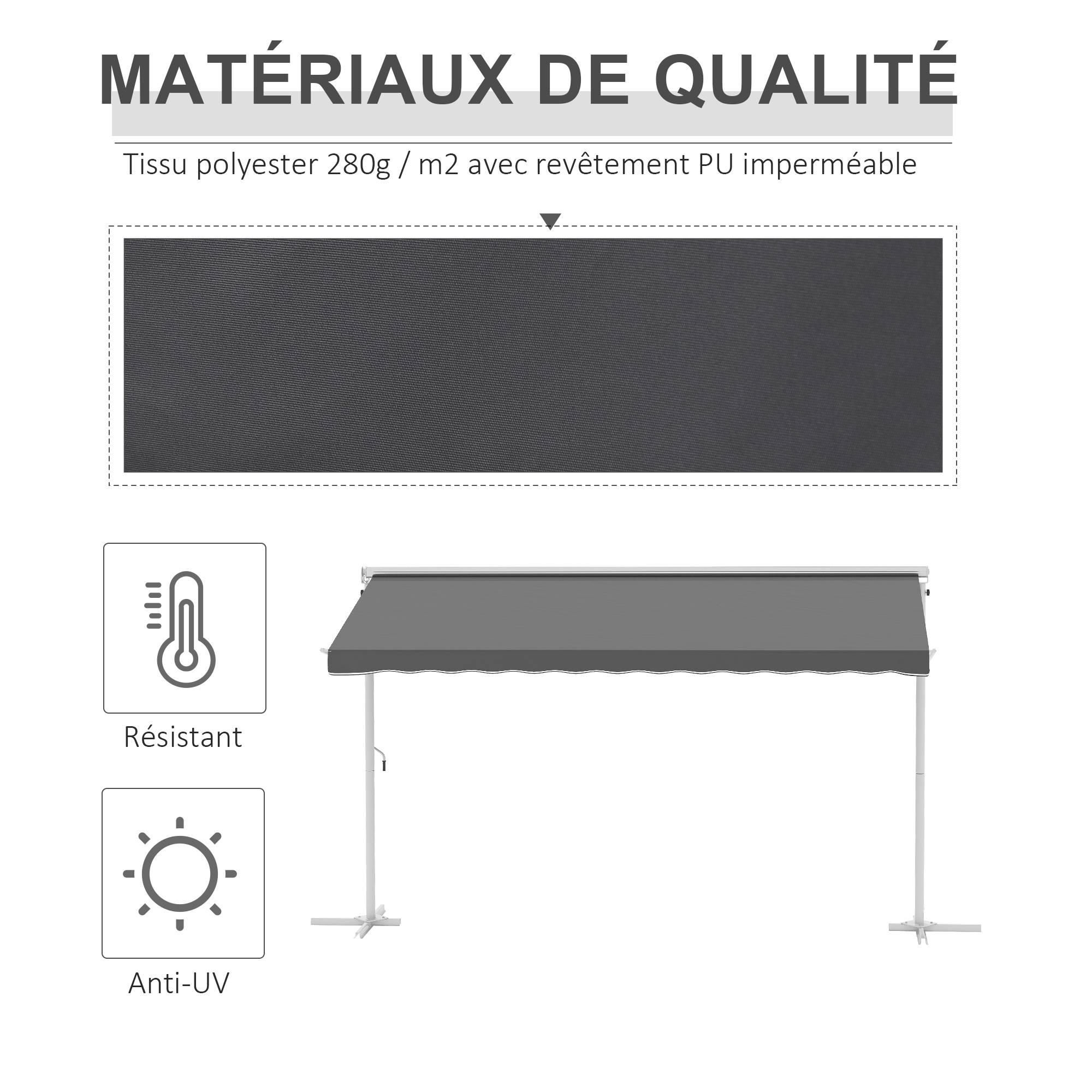Store Double Pente 4 x 3 m Manuel rétractable Inclinaison réglable métal époxy Blanc Polyester imperméabilisé Anti-UV Gris - Image 6