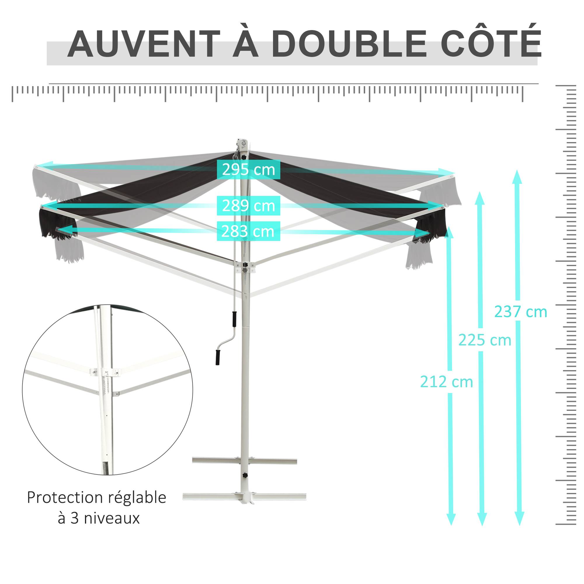 Store Double Pente 4 x 3 m Manuel rétractable Inclinaison réglable métal époxy Blanc Polyester imperméabilisé Anti-UV Gris - Image 8