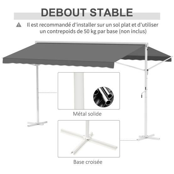 Store Double Pente 4 x 3 m Manuel rétractable Inclinaison réglable métal époxy Blanc Polyester imperméabilisé Anti-UV Gris - Image 9