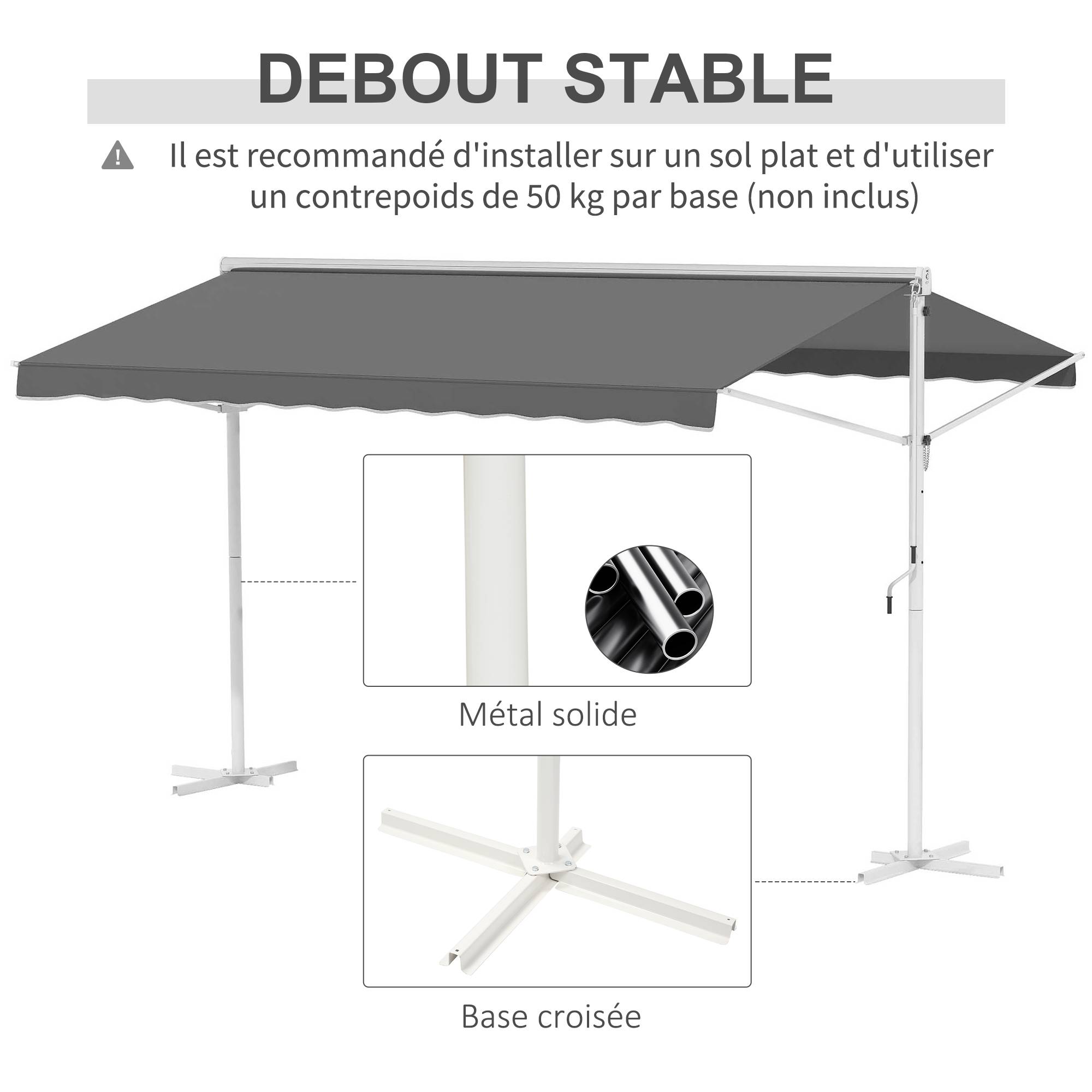 Store Double Pente 4 x 3 m Manuel rétractable Inclinaison réglable métal époxy Blanc Polyester imperméabilisé Anti-UV Gris - Image 9