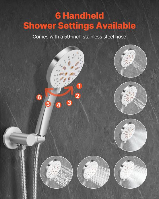 VEVOR Kit de Douche avec Douchette de Tête Ronde 25,4 cm et à Main Nickel Brossé - Image 3