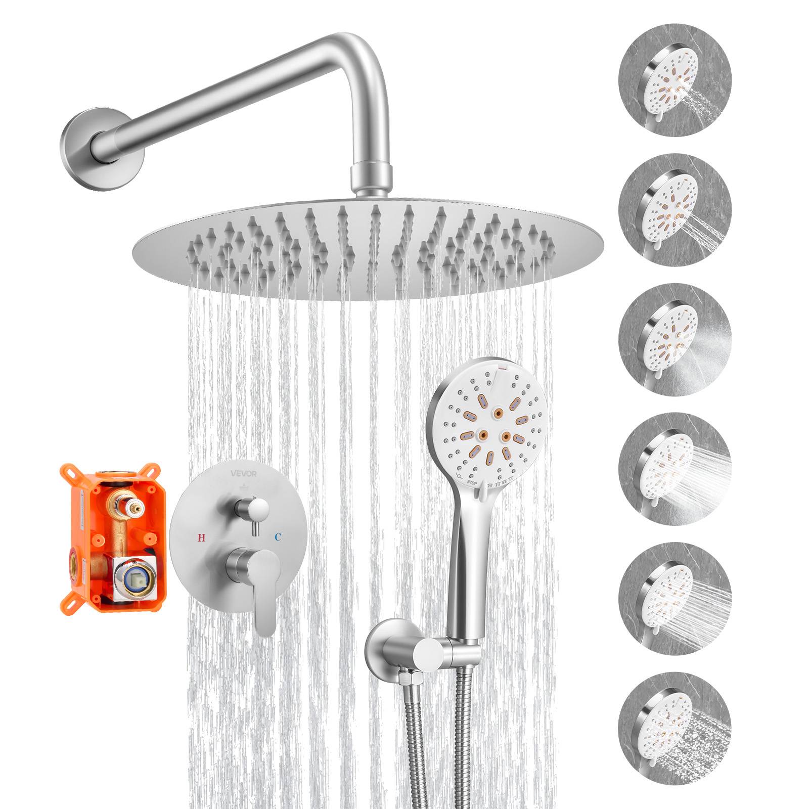 VEVOR Kit de Douche avec Douchette de Tête Ronde 25,4 cm et à Main Nickel Brossé - Image 1
