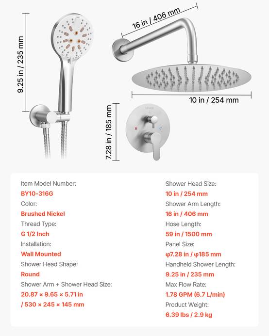 VEVOR Kit de Douche avec Douchette de Tête Ronde 25,4 cm et à Main Nickel Brossé - Image 7