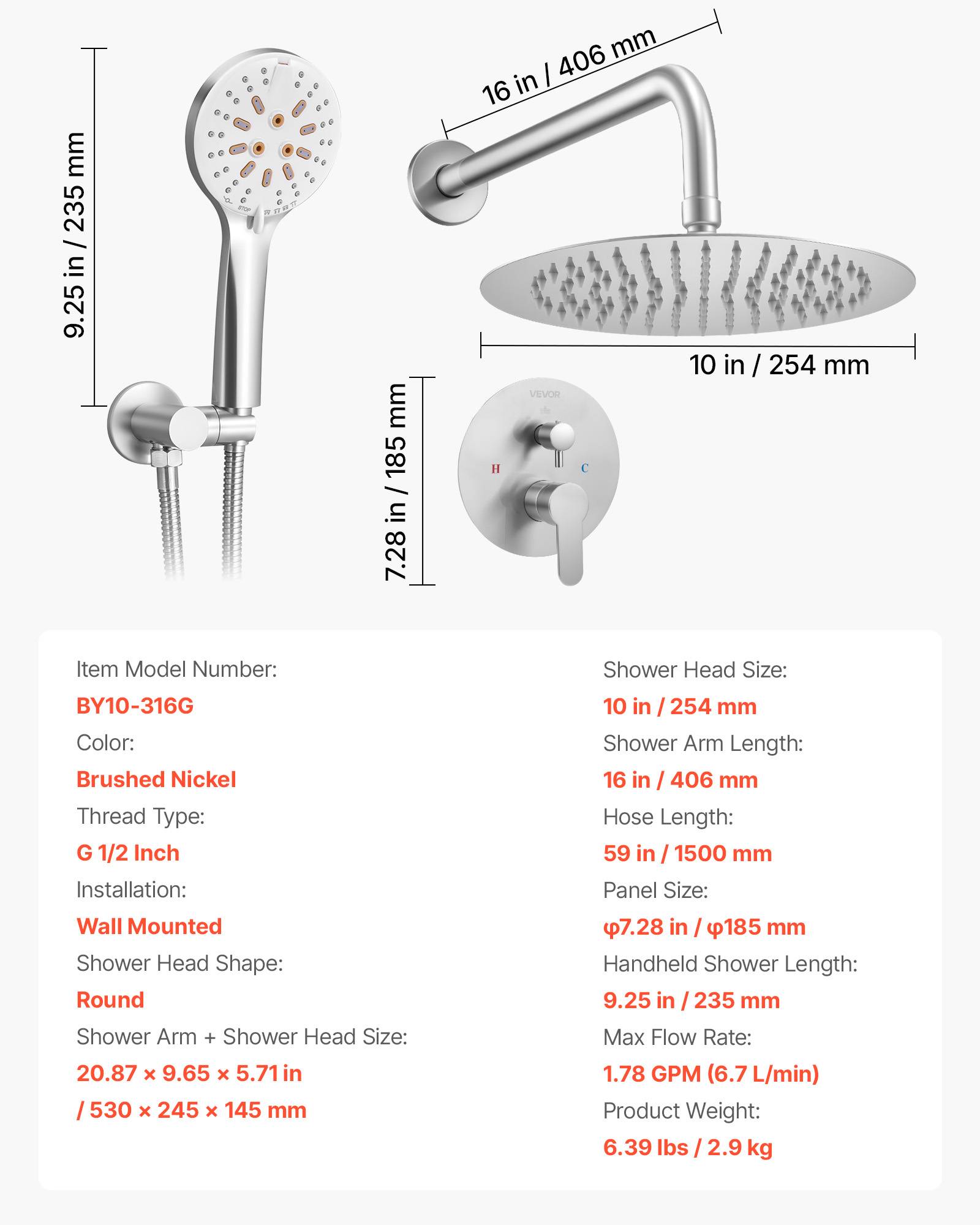VEVOR Kit de Douche avec Douchette de Tête Ronde 25,4 cm et à Main Nickel Brossé - Image 7