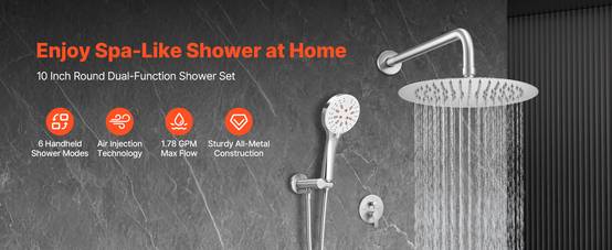 VEVOR Kit de Douche avec Douchette de Tête Ronde 25,4 cm et à Main Nickel Brossé - Image 9