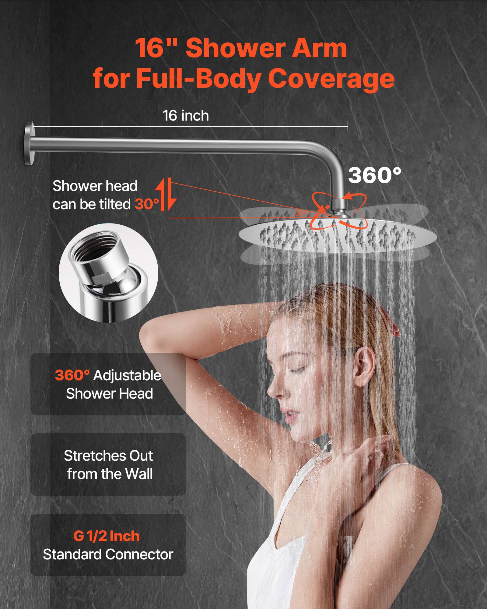 VEVOR Kit de Douche avec Douchette de Tête Ronde 25,4 cm et à Main Nickel Brossé - Image 4