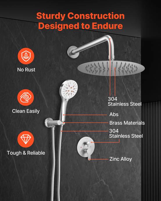 VEVOR Kit de Douche avec Douchette de Tête Ronde 25,4 cm et à Main Nickel Brossé - Image 6