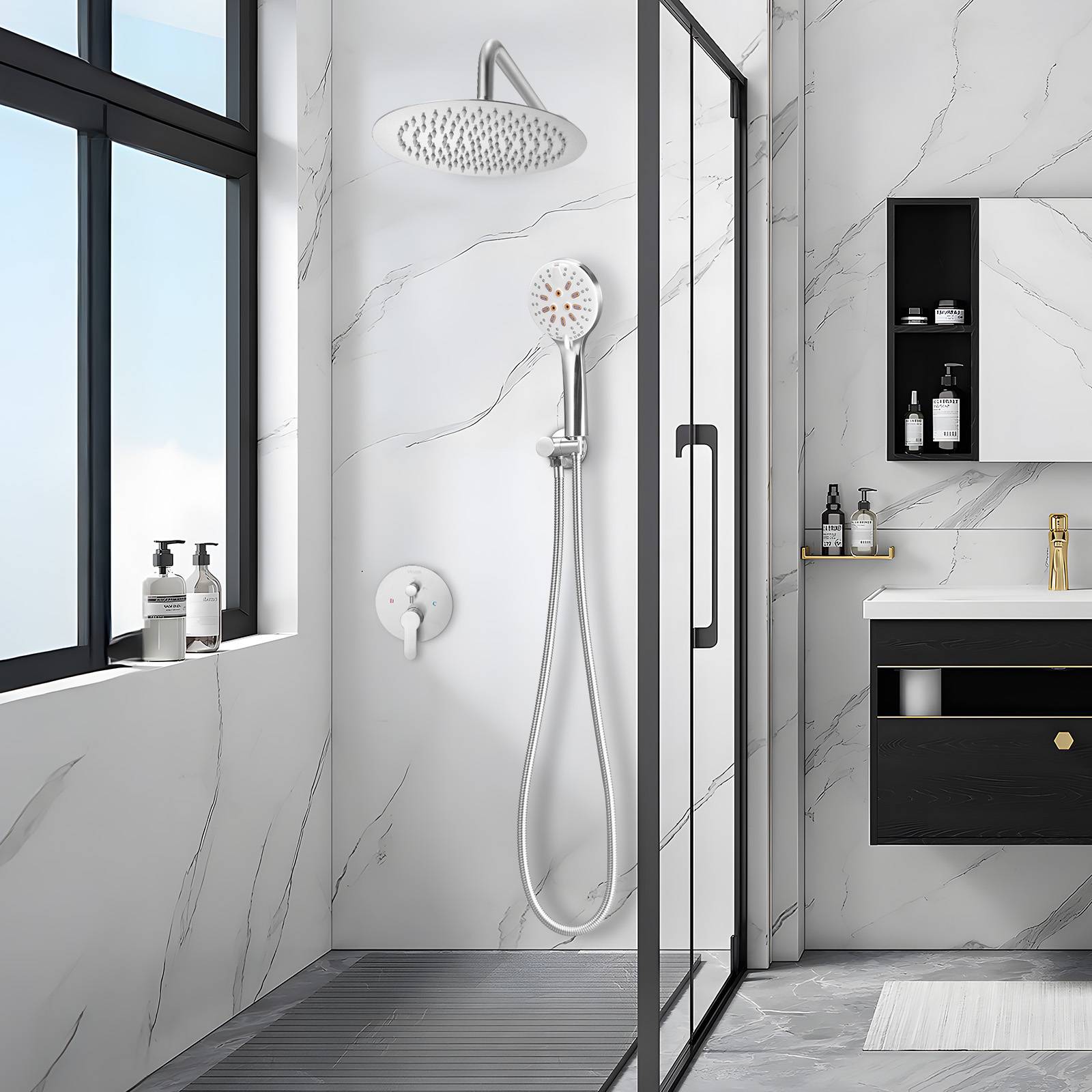 VEVOR Kit de Douche avec Douchette de Tête Ronde 25,4 cm et à Main Nickel Brossé - Image 8