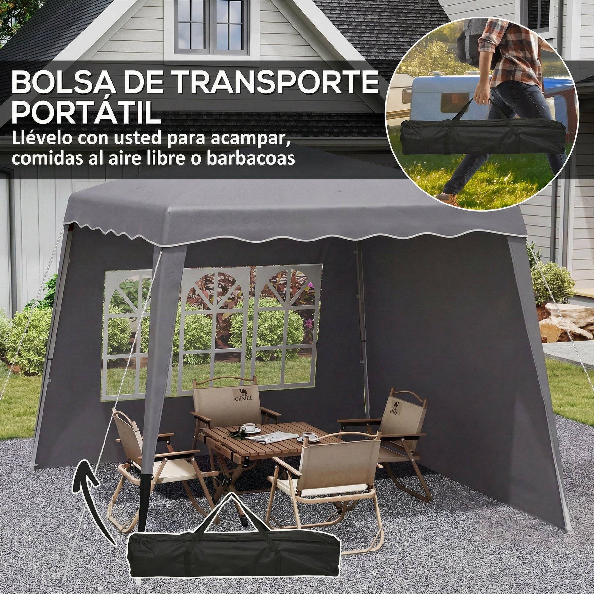 Pavillon de jardin pliable et pliable 2,89 x 2,89 m avec parois latérales, hauteur réglable, protection UV50+, gris - Image 10