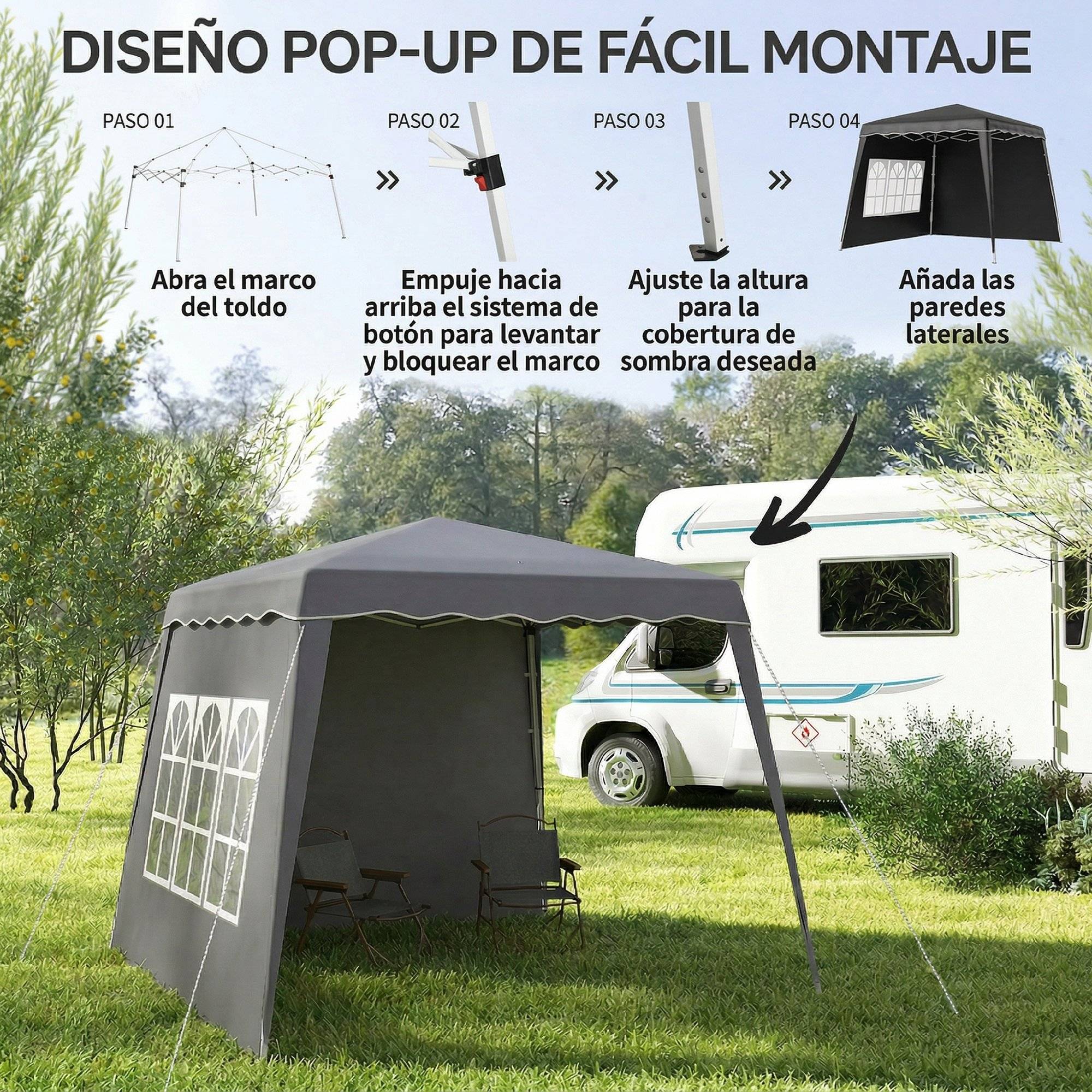 Pavillon de jardin pliable et pliable 2,89 x 2,89 m avec parois latérales, hauteur réglable, protection UV50+, gris - Image 7