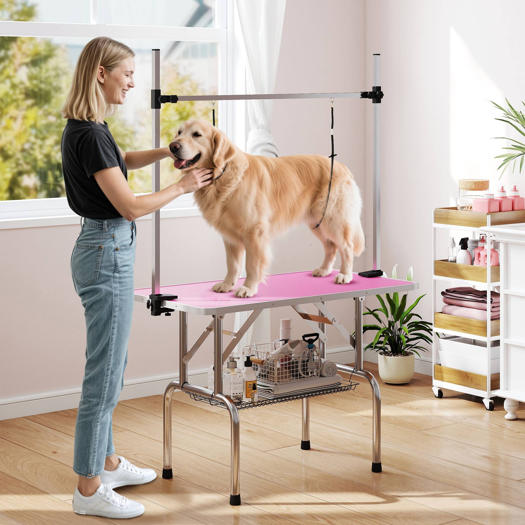 Sans Marque - Table de toilettage pliante pour chiens avec panier en métal, barre réglable en acier inoxydable, 107 x 60 x 164 cm, rose - Image 3