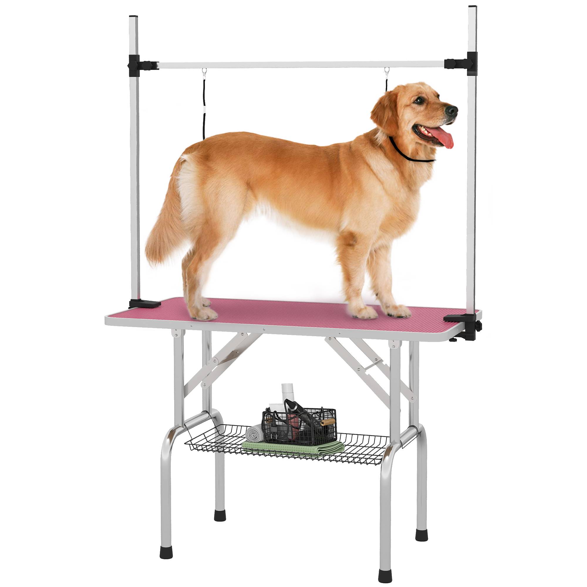 Sans Marque - Table de toilettage pliante pour chiens avec panier en métal, barre réglable en acier inoxydable, 107 x 60 x 164 cm, rose - Image 1