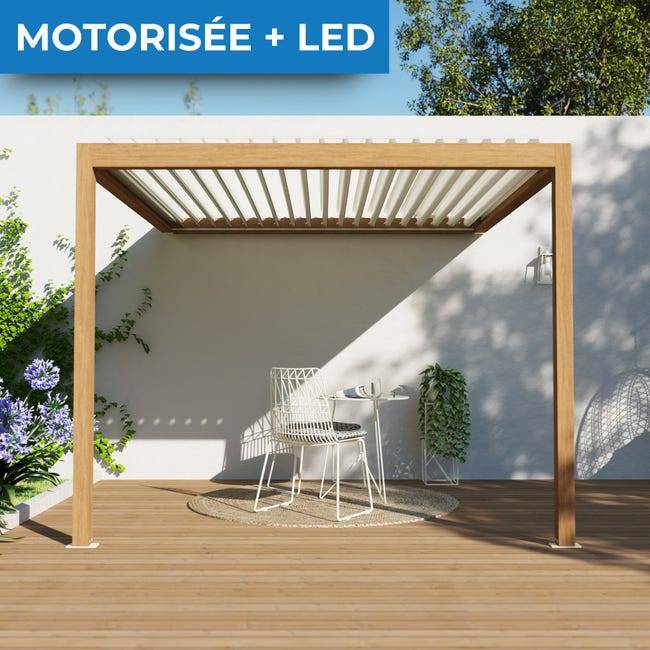 Pergola Bioclimatique Adossée Motorisée Éclairée Aluminium 3x3 Aspect Bois SV ORIAL France - Image 1
