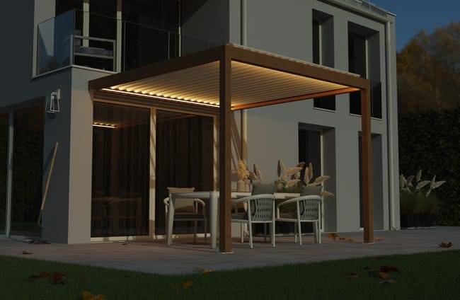 Pergola Bioclimatique Adossée Motorisée Éclairée Aluminium 3x3 Aspect Bois SV ORIAL France - Image 6