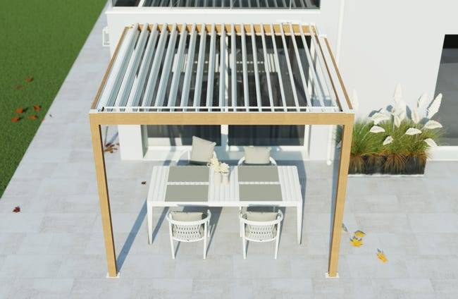Pergola Bioclimatique Adossée Motorisée Éclairée Aluminium 3x3 Aspect Bois SV ORIAL France - Image 7