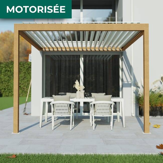 Pergola Bioclimatique Adossée Motorisée Éclairée Aluminium 3x3 Aspect Bois SV ORIAL France - Image 3