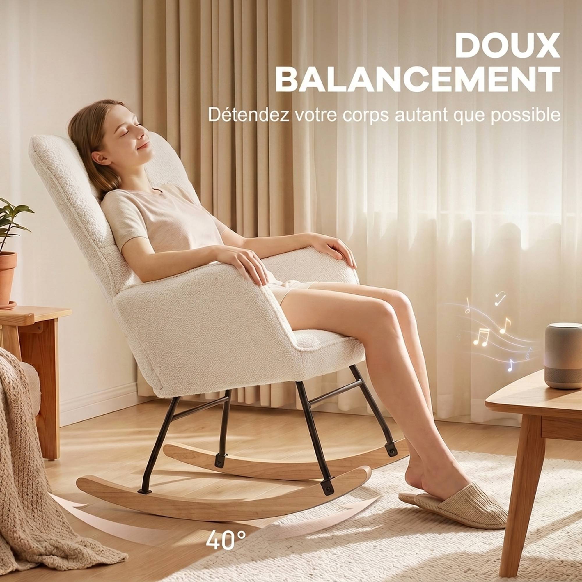 Sans Marque - Fauteuil à bascule rocking chair revêtement effet laine bouclée, structure en acier 71 x 98 x 101 cm beige - Image 6