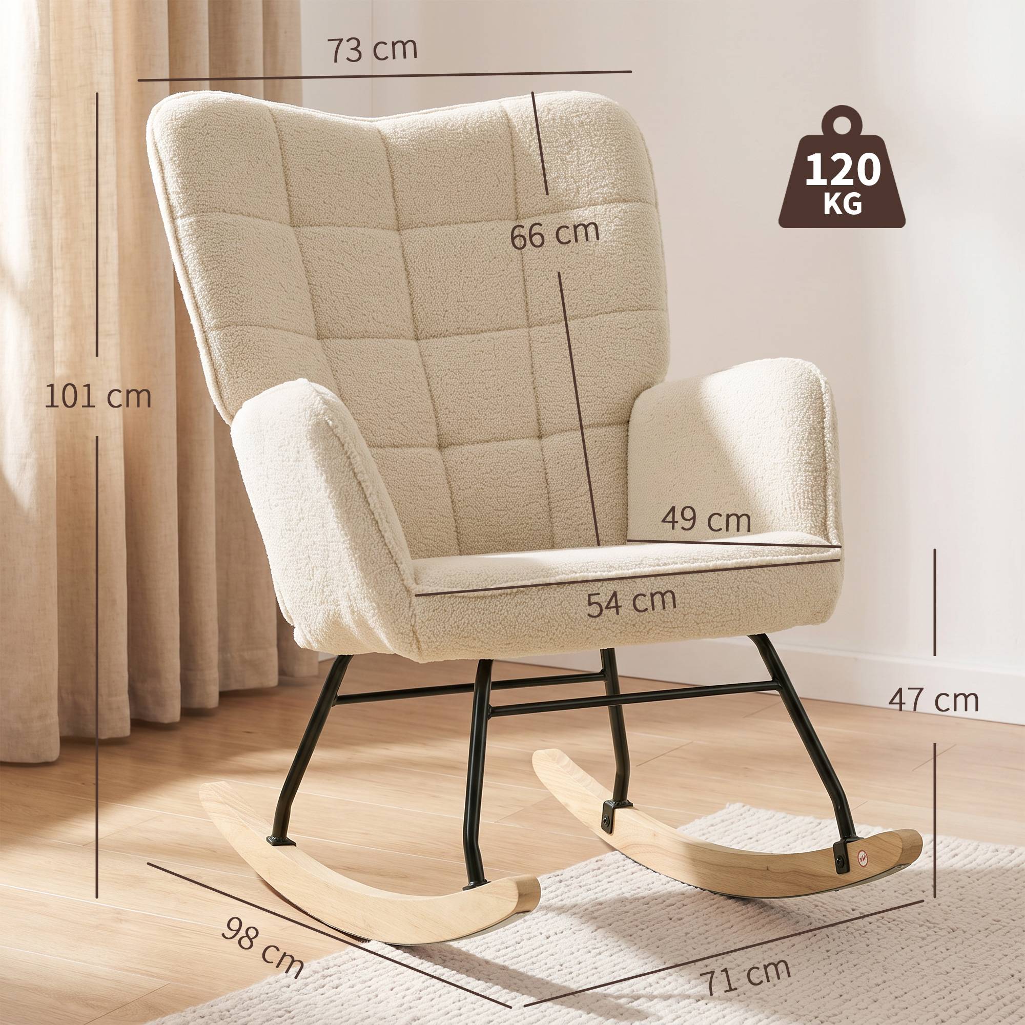 Sans Marque - Fauteuil à bascule rocking chair revêtement effet laine bouclée, structure en acier 71 x 98 x 101 cm beige - Image 5