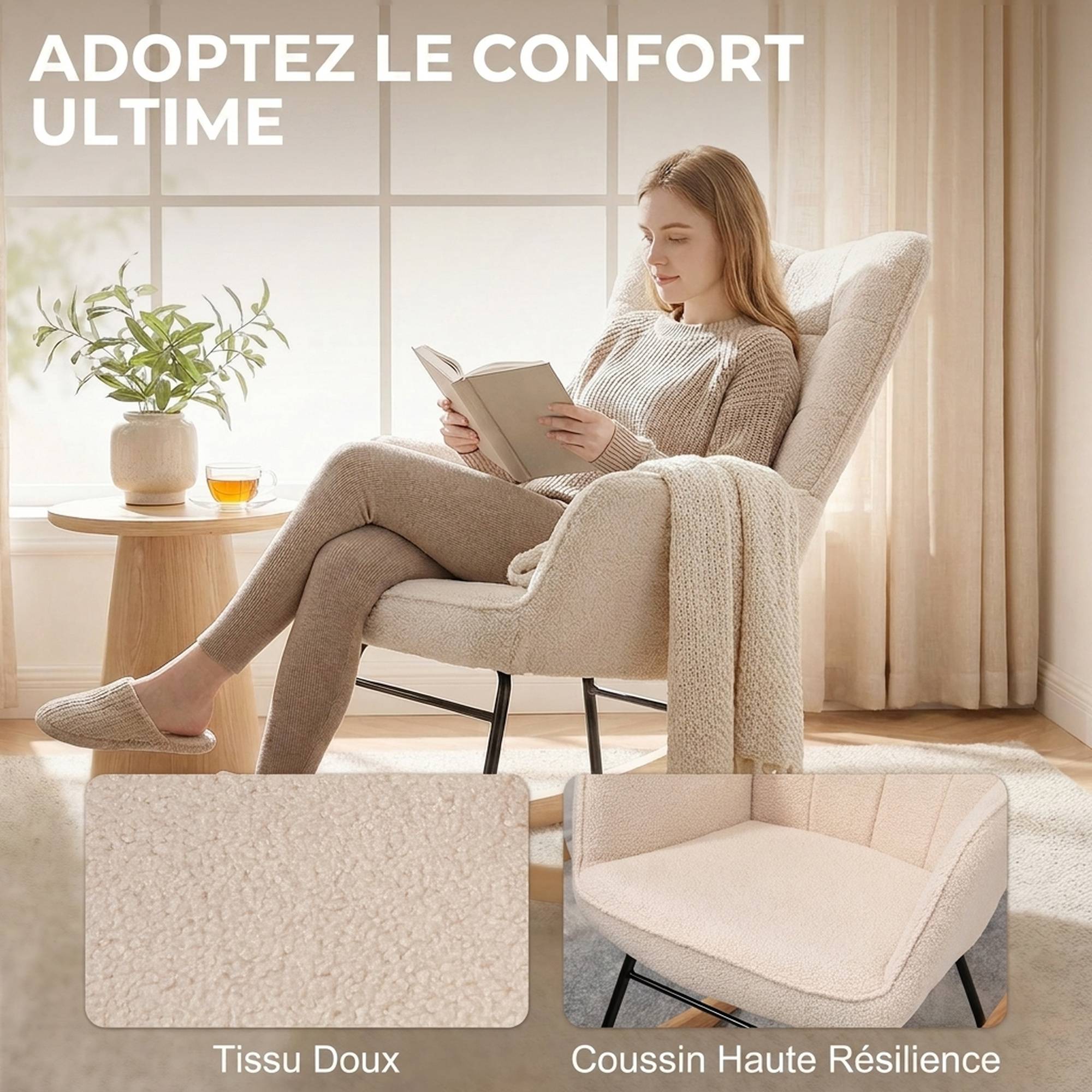 Sans Marque - Fauteuil à bascule rocking chair revêtement effet laine bouclée, structure en acier 71 x 98 x 101 cm beige - Image 8