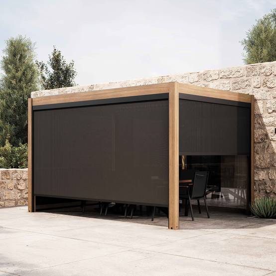 Oviala - Pergola bioclimatique autoportée 3x4m et 3 stores bois gris Athenes - Oviala - Image 1