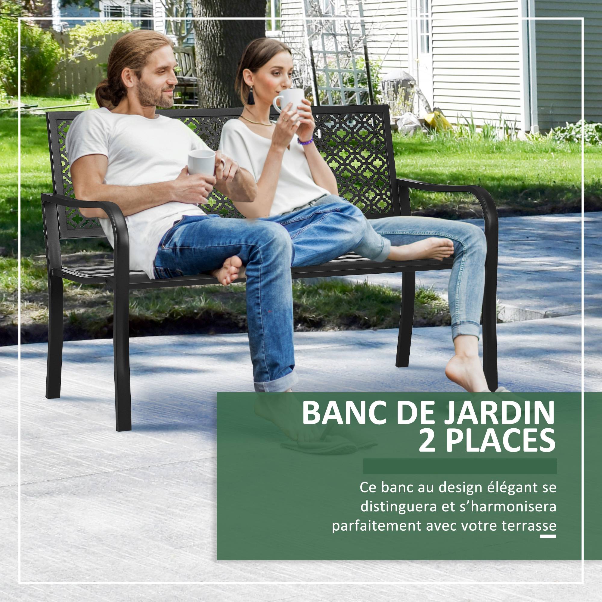 Banc de jardin banc extérieur jardin en acier avec dossier à motif floral pour 2 personnes 127 x 63 x 83 cm noir - Image 7