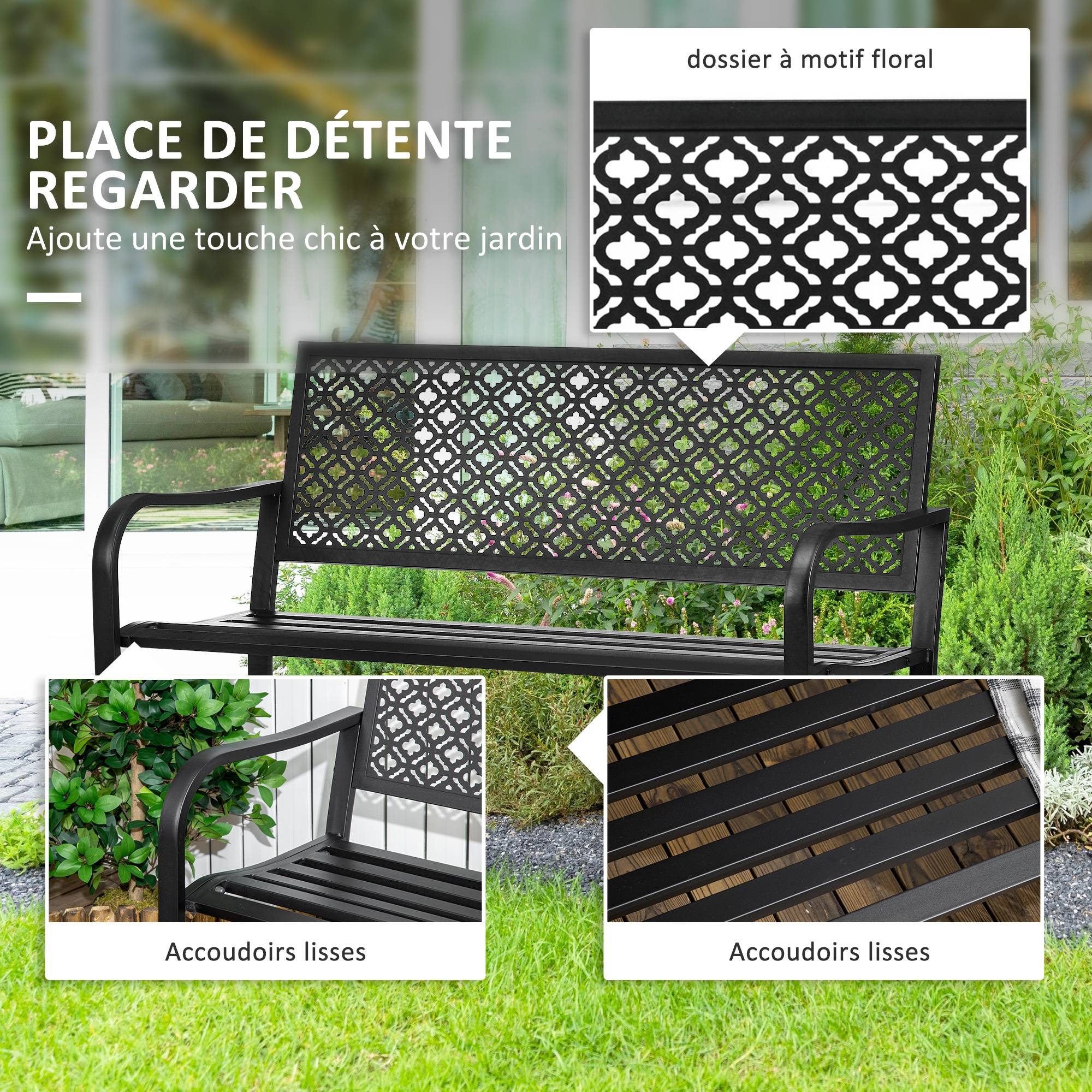 Banc de jardin banc extérieur jardin en acier avec dossier à motif floral pour 2 personnes 127 x 63 x 83 cm noir - Image 6