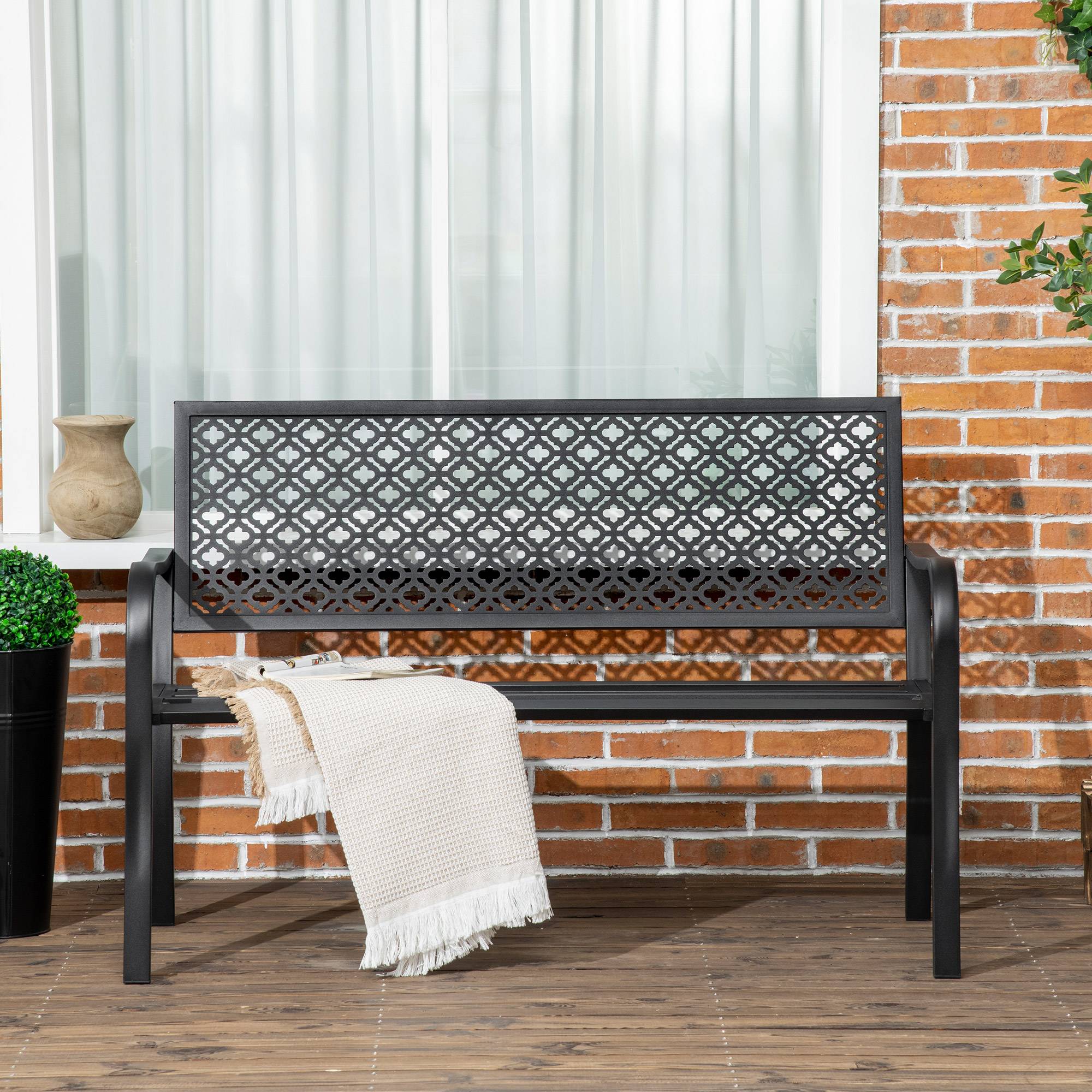 Banc de jardin banc extérieur jardin en acier avec dossier à motif floral pour 2 personnes 127 x 63 x 83 cm noir - Image 8
