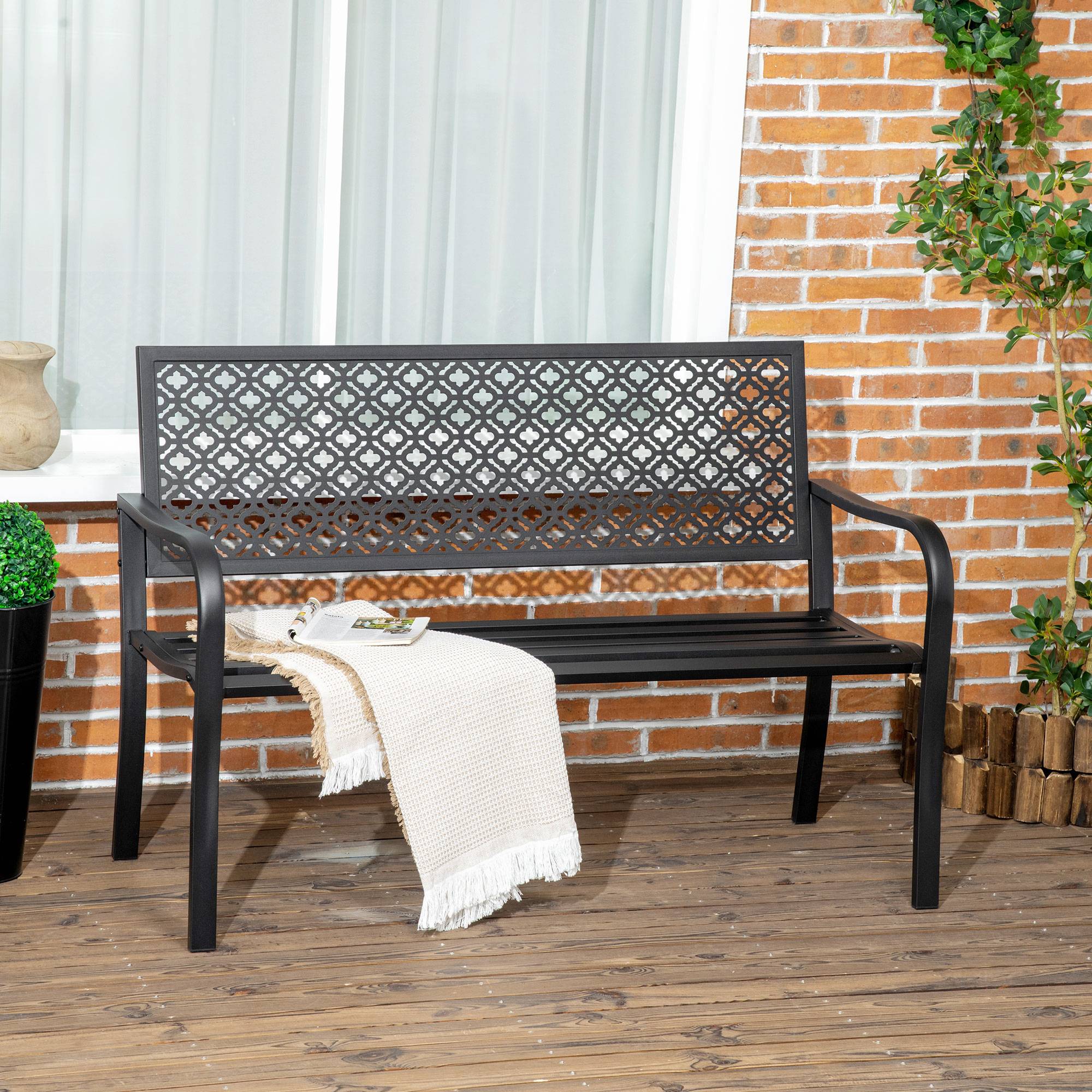 Banc de jardin banc extérieur jardin en acier avec dossier à motif floral pour 2 personnes 127 x 63 x 83 cm noir - Image 3