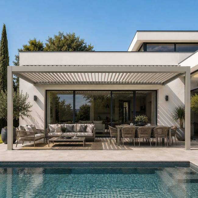 Pergola Bioclimatique Aluminium Adossée Motorisée Éclairée 5x3,5 Gris SV ORIAL France - Image 1