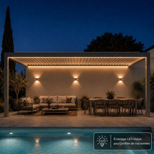 Pergola Bioclimatique Aluminium Adossée Motorisée Éclairée 5x3,5 Gris SV ORIAL France - Image 3