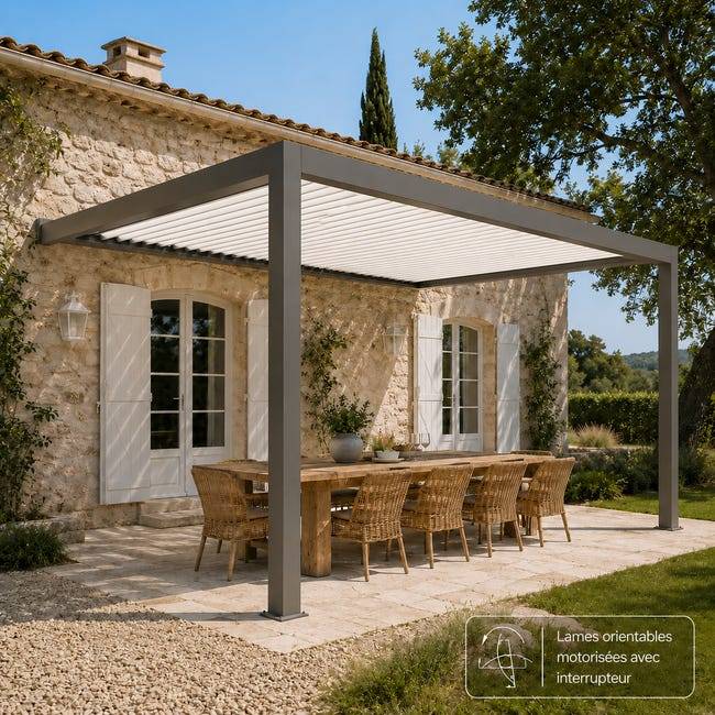 Pergola Bioclimatique Aluminium Adossée Motorisée Éclairée 5x3,5 Gris SV ORIAL France - Image 4