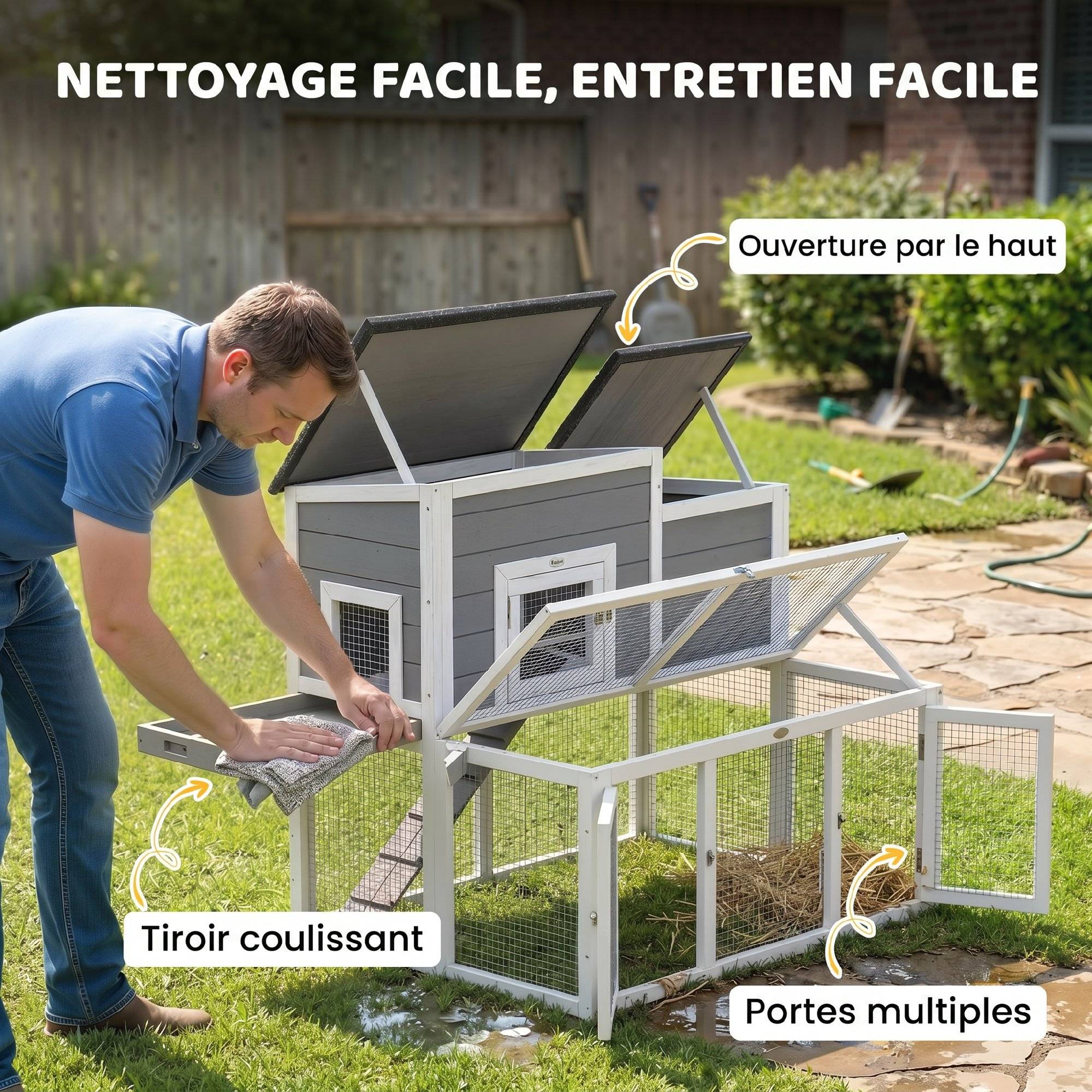 Clapier Lapin Extérieur en Bois Cage à Lapin Intérieur Double Toit Ouvrant Imperméable 2 Niveaux avec Enclos Gris - Image 8