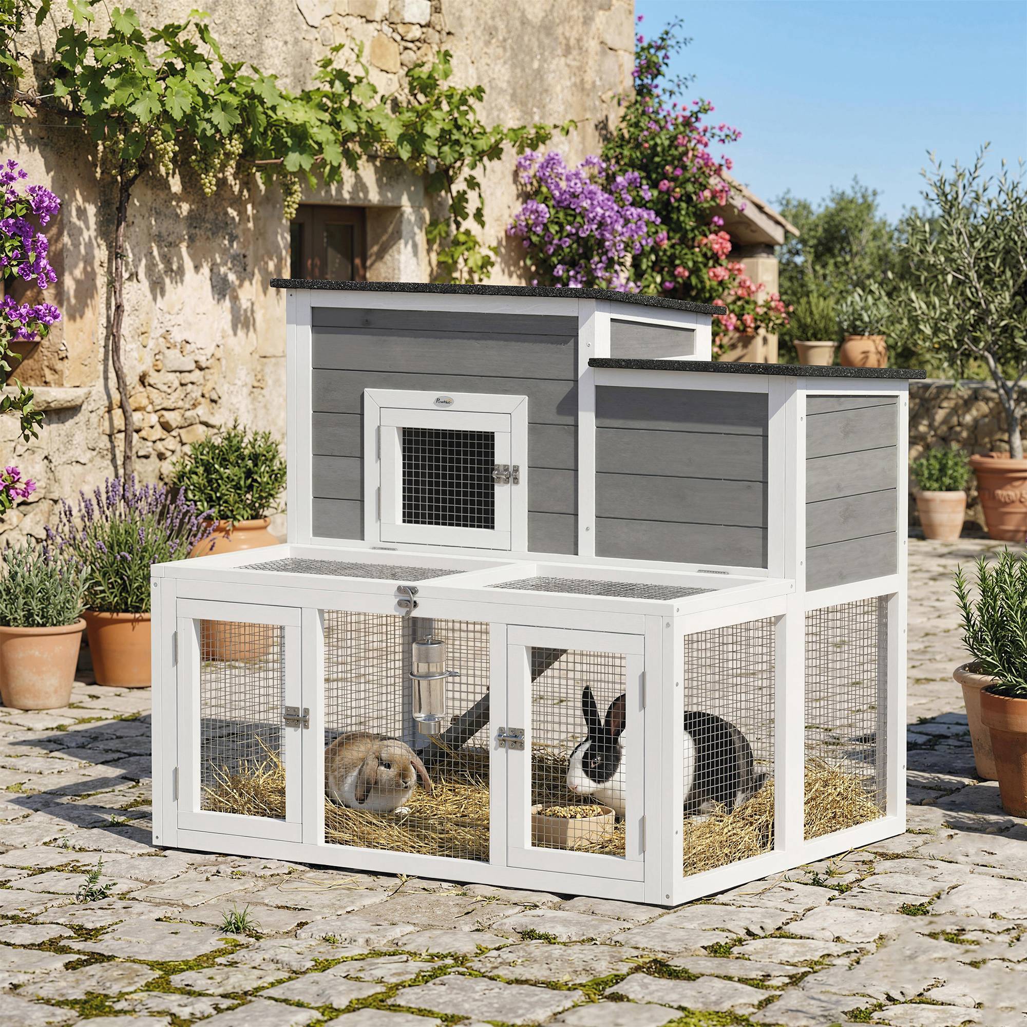 Clapier Lapin Extérieur en Bois Cage à Lapin Intérieur Double Toit Ouvrant Imperméable 2 Niveaux avec Enclos Gris - Image 3