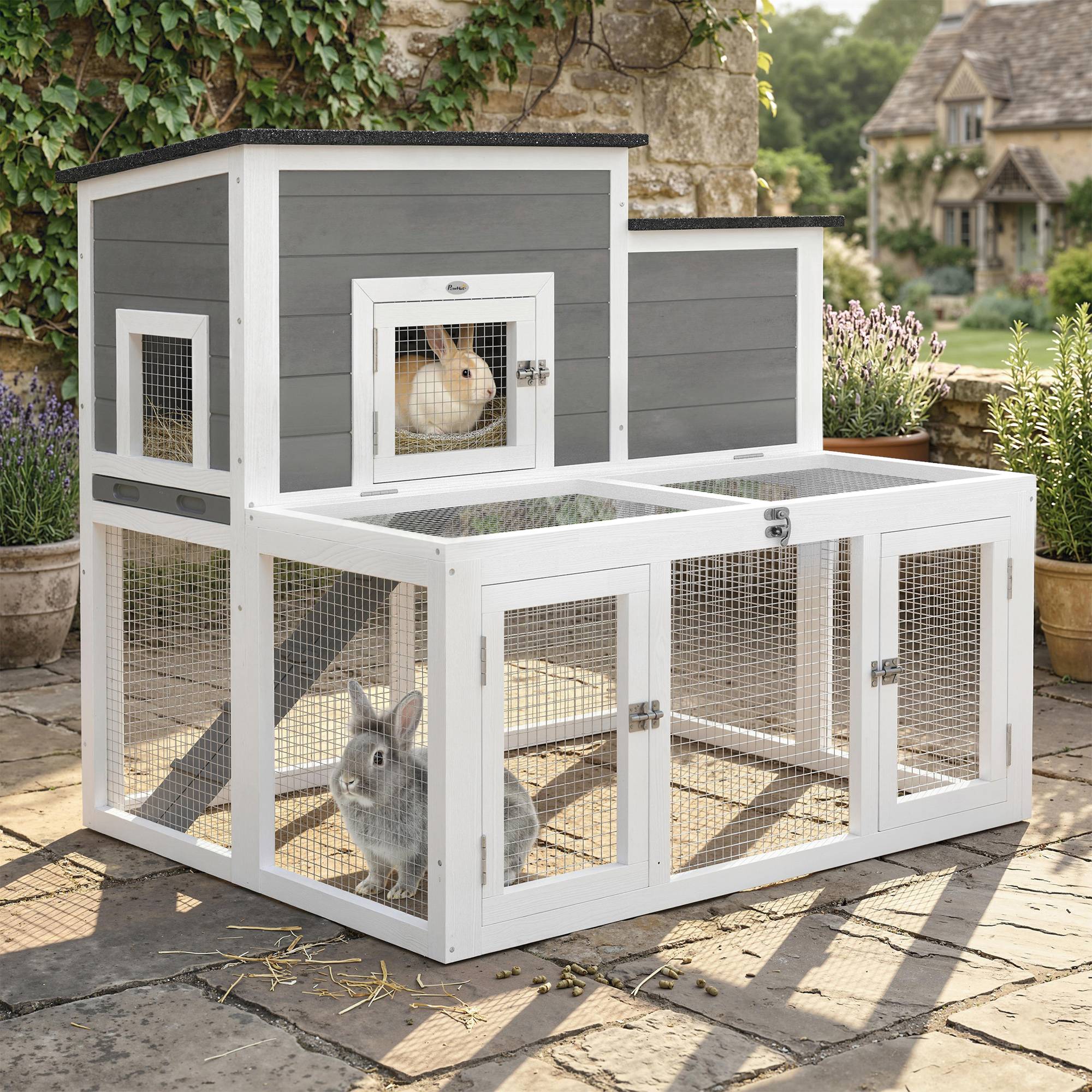Clapier Lapin Extérieur en Bois Cage à Lapin Intérieur Double Toit Ouvrant Imperméable 2 Niveaux avec Enclos Gris - Image 4