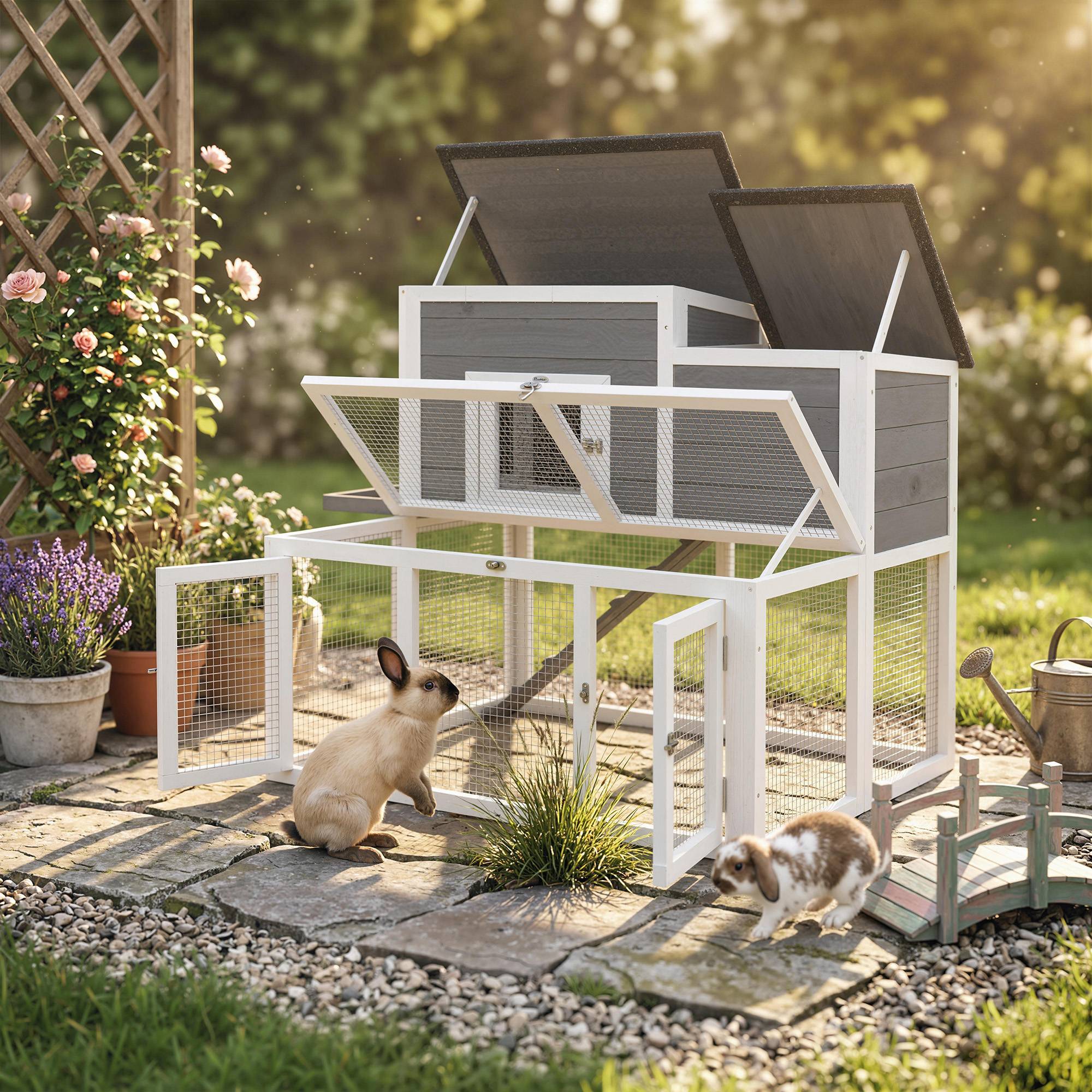 Clapier Lapin Extérieur en Bois Cage à Lapin Intérieur Double Toit Ouvrant Imperméable 2 Niveaux avec Enclos Gris - Image 10