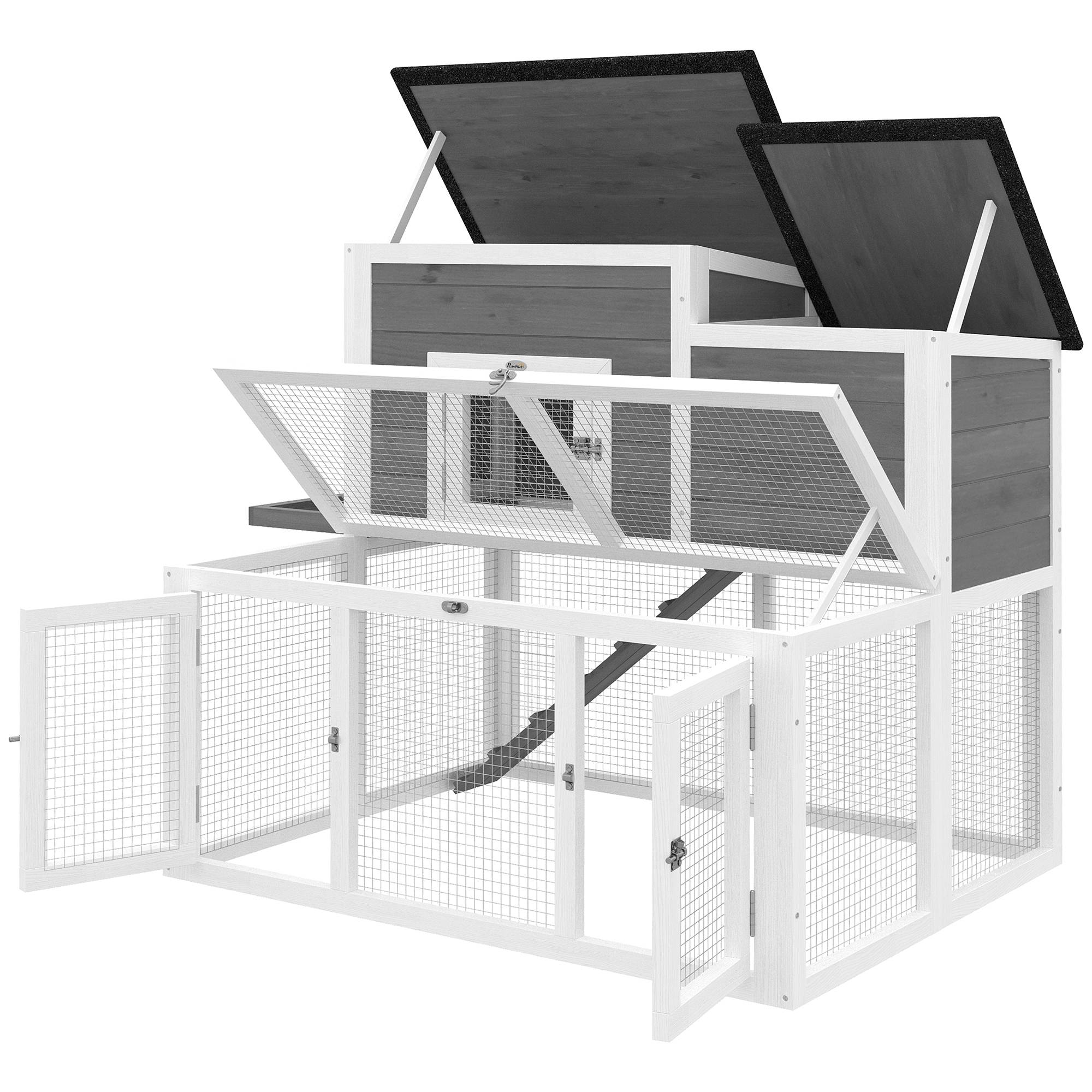 Clapier Lapin Extérieur en Bois Cage à Lapin Intérieur Double Toit Ouvrant Imperméable 2 Niveaux avec Enclos Gris - Image 2