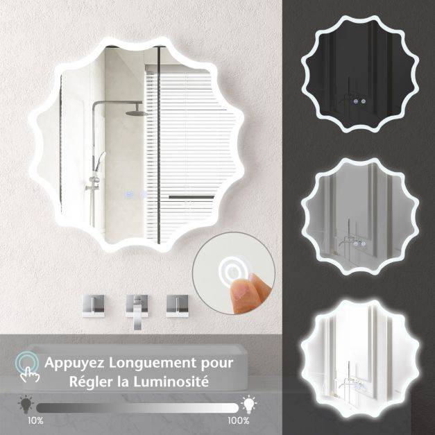 Helloshop26 - Miroir mural rond avec 3 couleurs de lumière et anti-buée miroir de maquillage éclairé à intensité variable avec bouton tactile intelligent 60 cm x 6 - Image 2