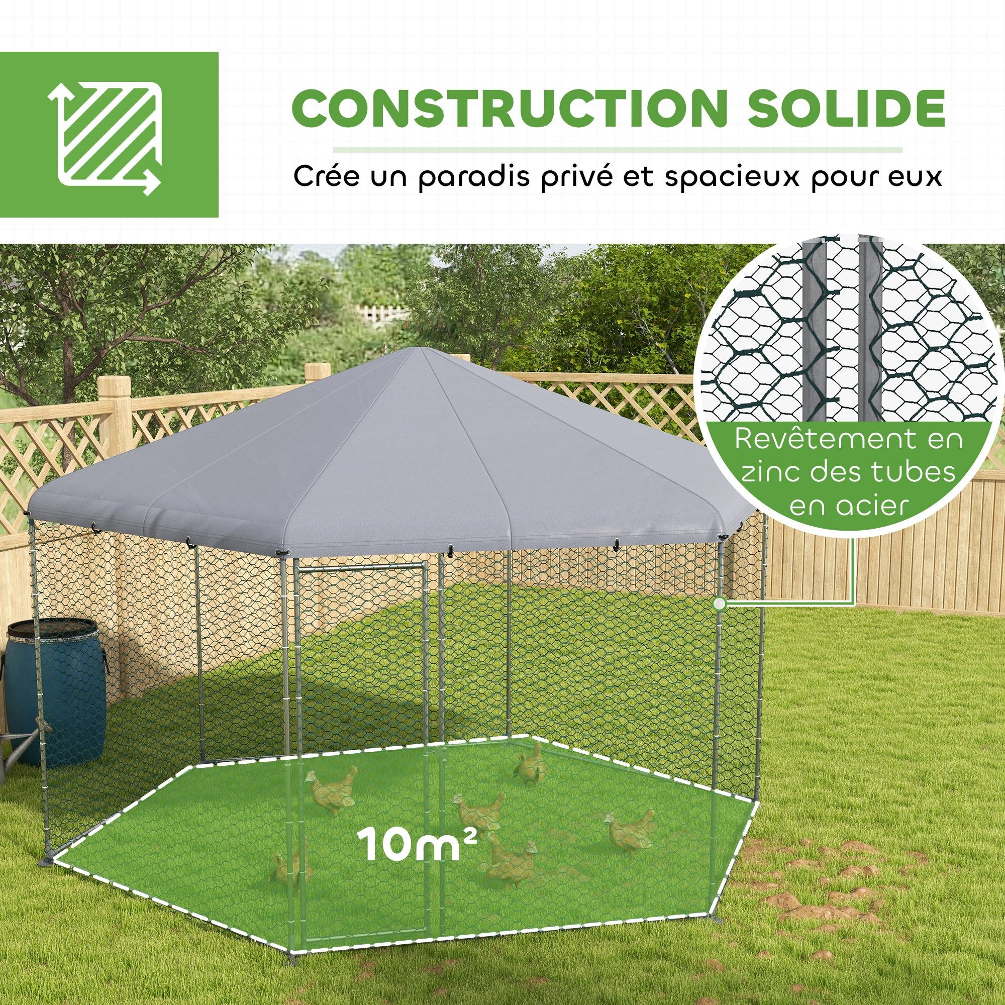 Enclos poulailler extérieur 10 m² parc grillagé 400 x 346 x 263 cm - espace couvert - 10-15 poules - Image 8