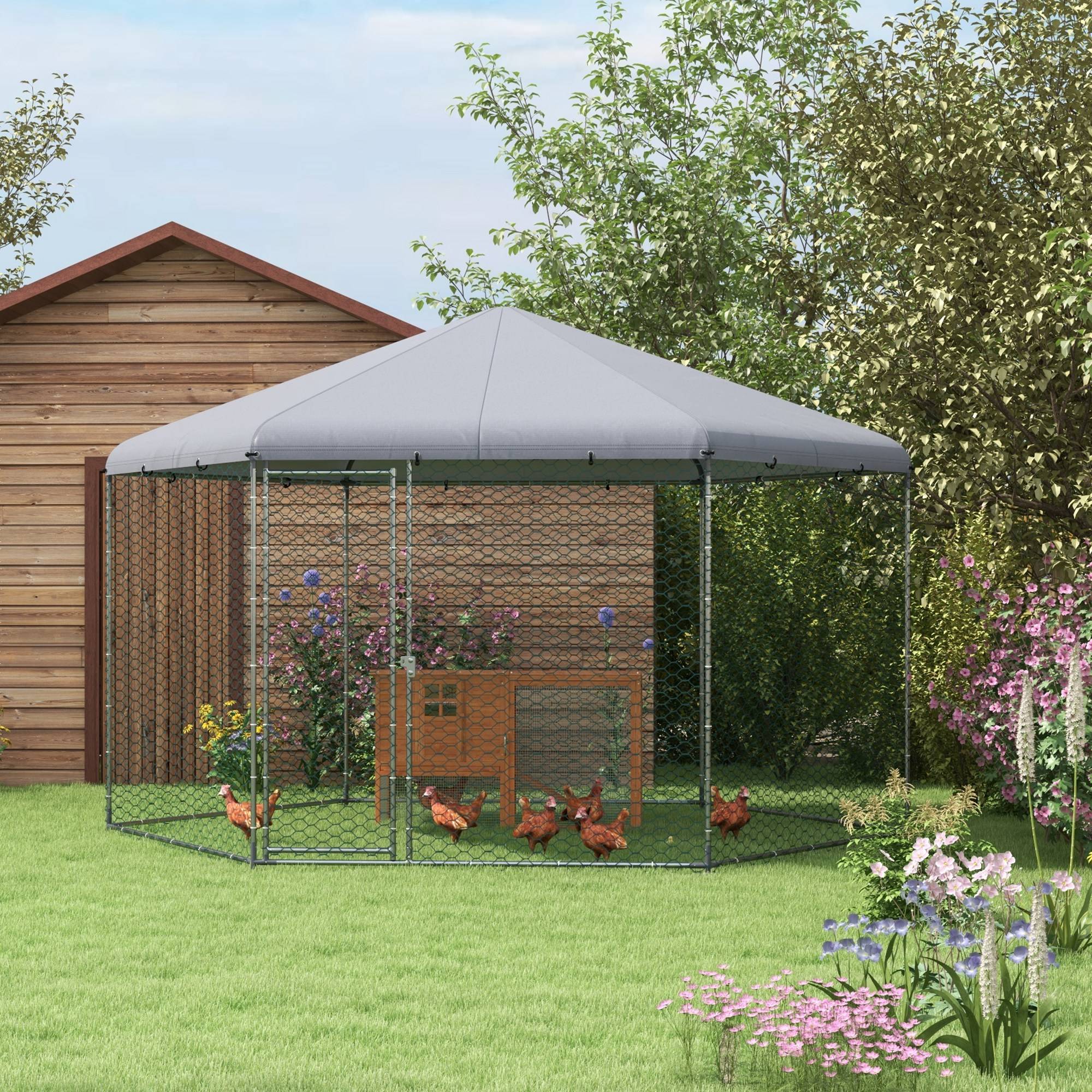 Enclos poulailler extérieur 10 m² parc grillagé 400 x 346 x 263 cm - espace couvert - 10-15 poules - Image 3