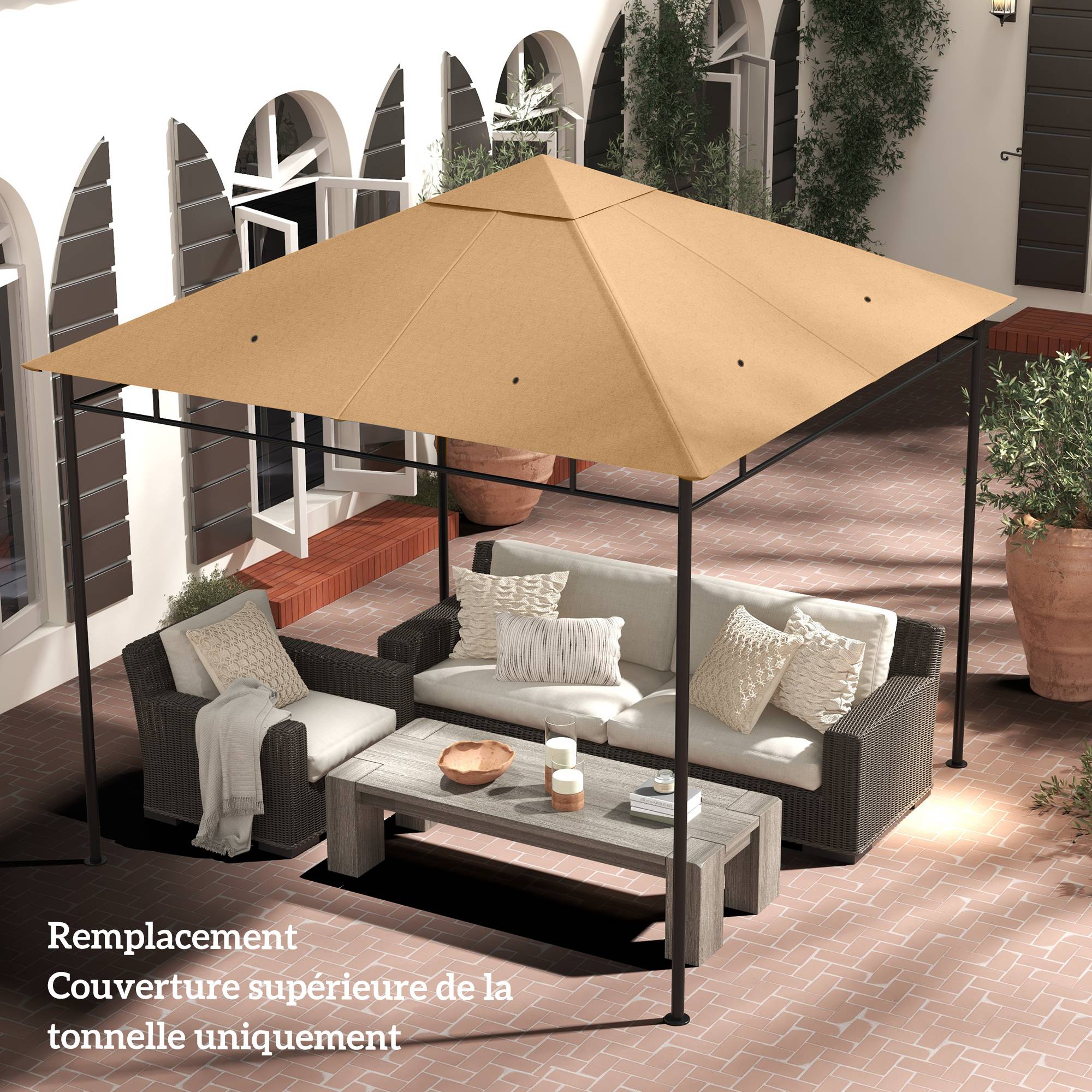 Toile de rechange pour pavillon toit de remplacement gazebo tissu polyester haute densité 180 g/m² anti-UV 3 x 3 m beige - Image 4