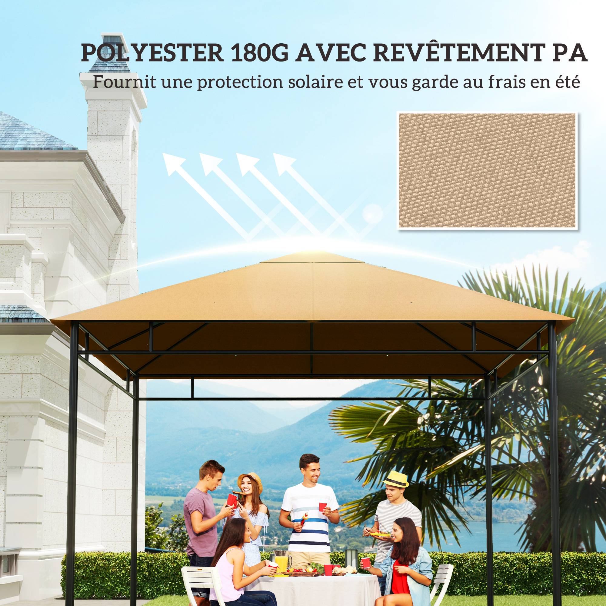 Toile de rechange pour pavillon toit de remplacement gazebo tissu polyester haute densité 180 g/m² anti-UV 3 x 3 m beige - Image 8