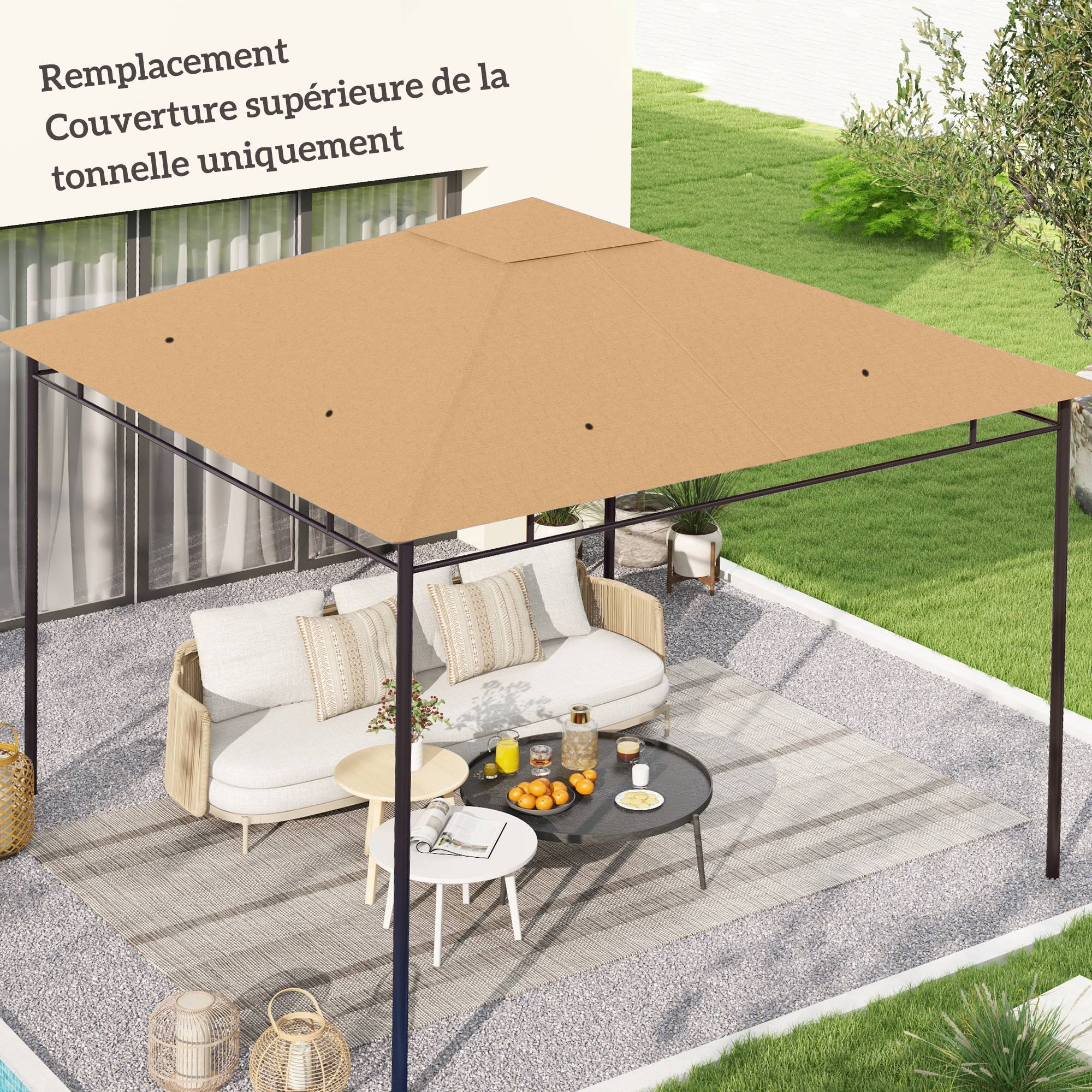 Toile de rechange pour pavillon toit de remplacement gazebo tissu polyester haute densité 180 g/m² anti-UV 3 x 3 m beige - Image 3